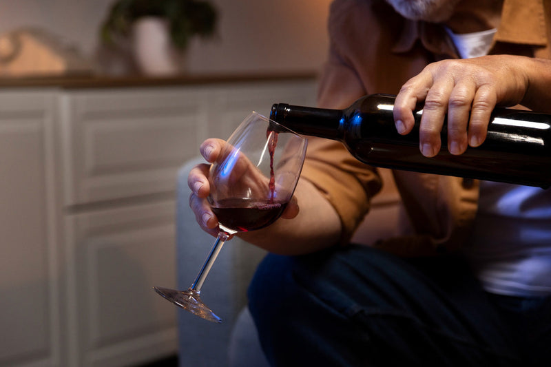 hælder rødvin i glas - Serveringstemperatur for vin