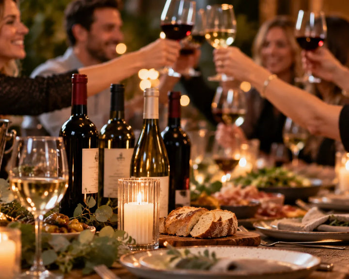Venner skåler med vin ved et festligt dækket bord