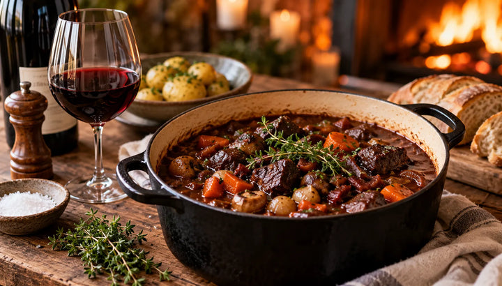 Boeuf bourguignon i støbejernsgryde med rødvin, svampe og rodfrugter