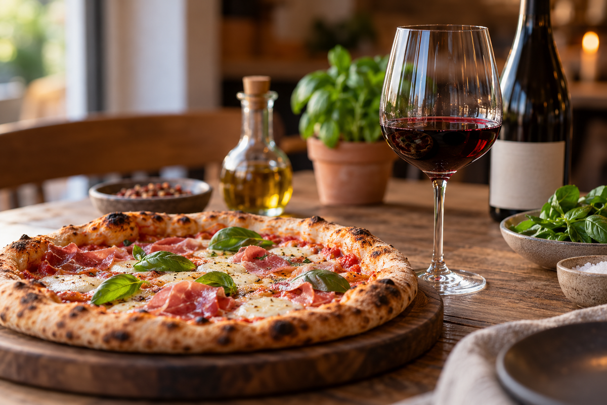 Hjemmelavet pizza med tomat, mozzarella og basilikum ved siden af et glas rødvin