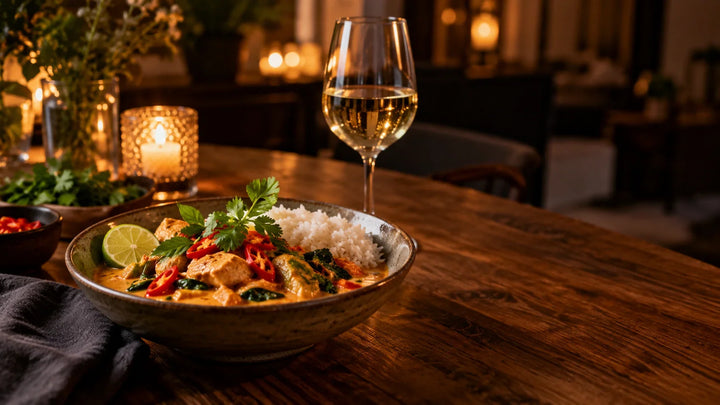Curry med chili og jasminris sammen med et glas hvidvin på et hyggeligt middagsbord