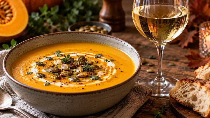 Cremet græskarsuppe med græskarkerner, brød og et glas hvidvin