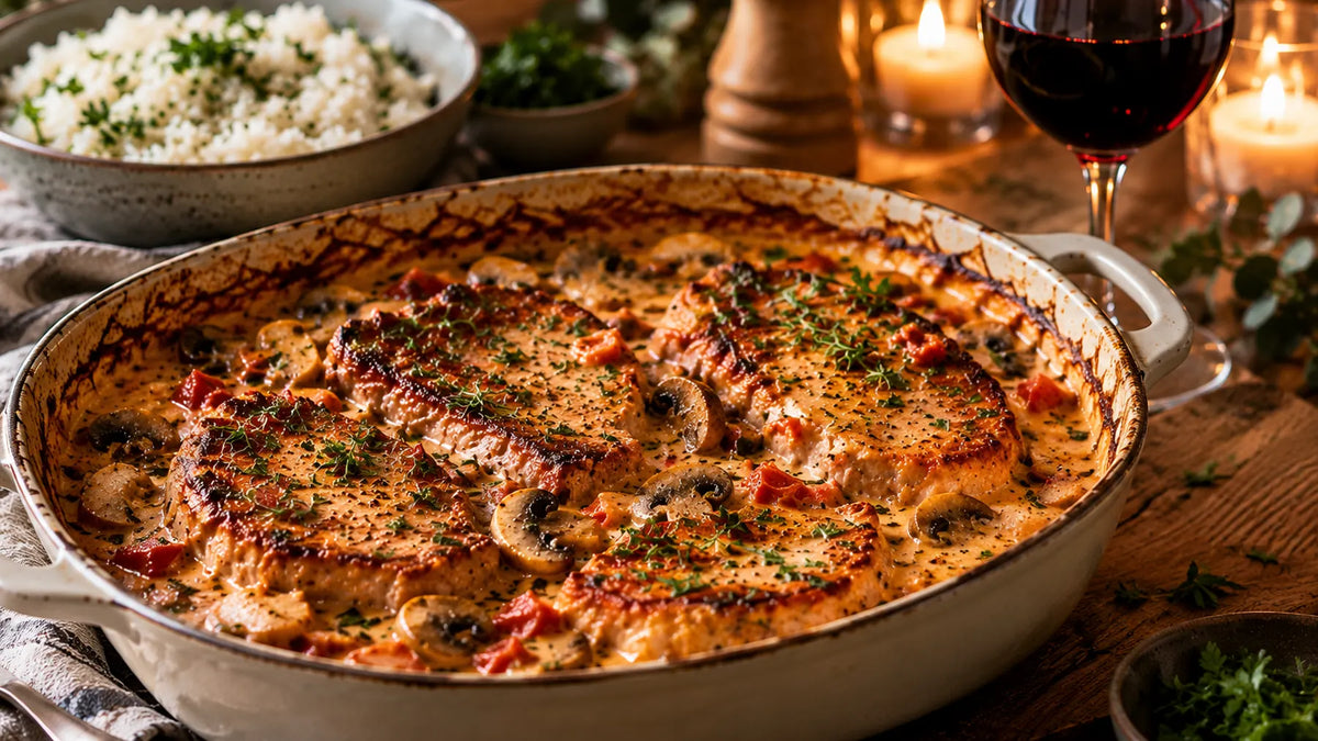Koteletter i fad med champignon, cremet sauce og rødvin
