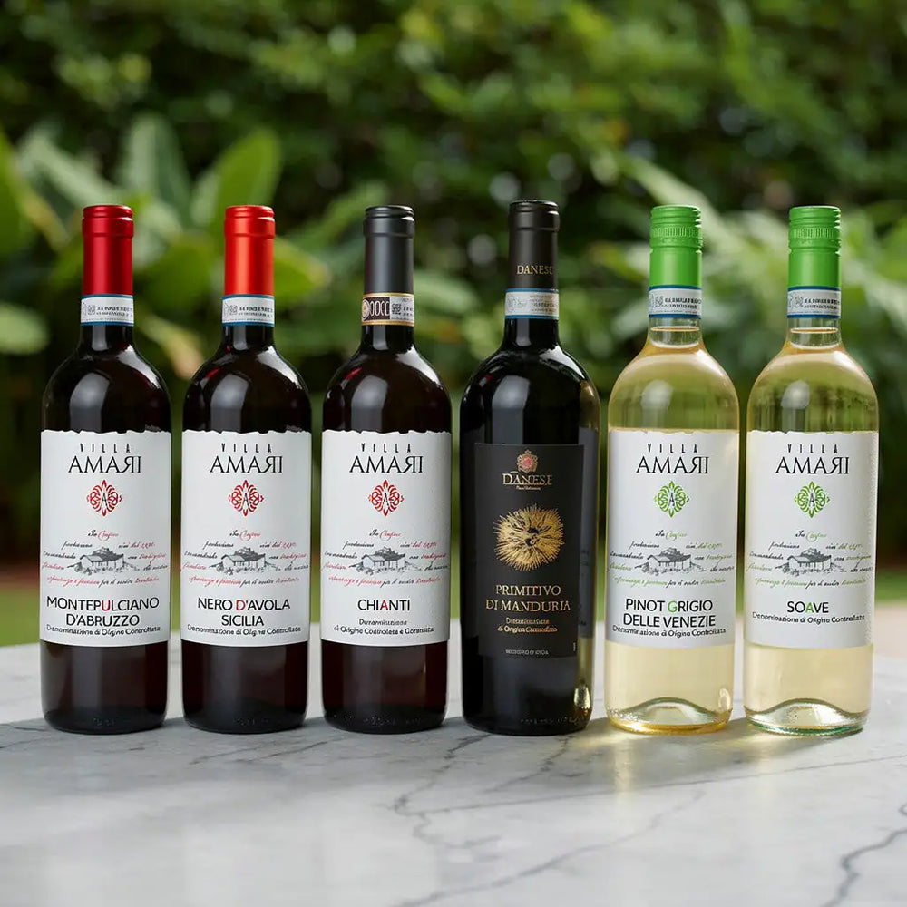 6 flasker vin på et bord - Cantina Danese smagekasse