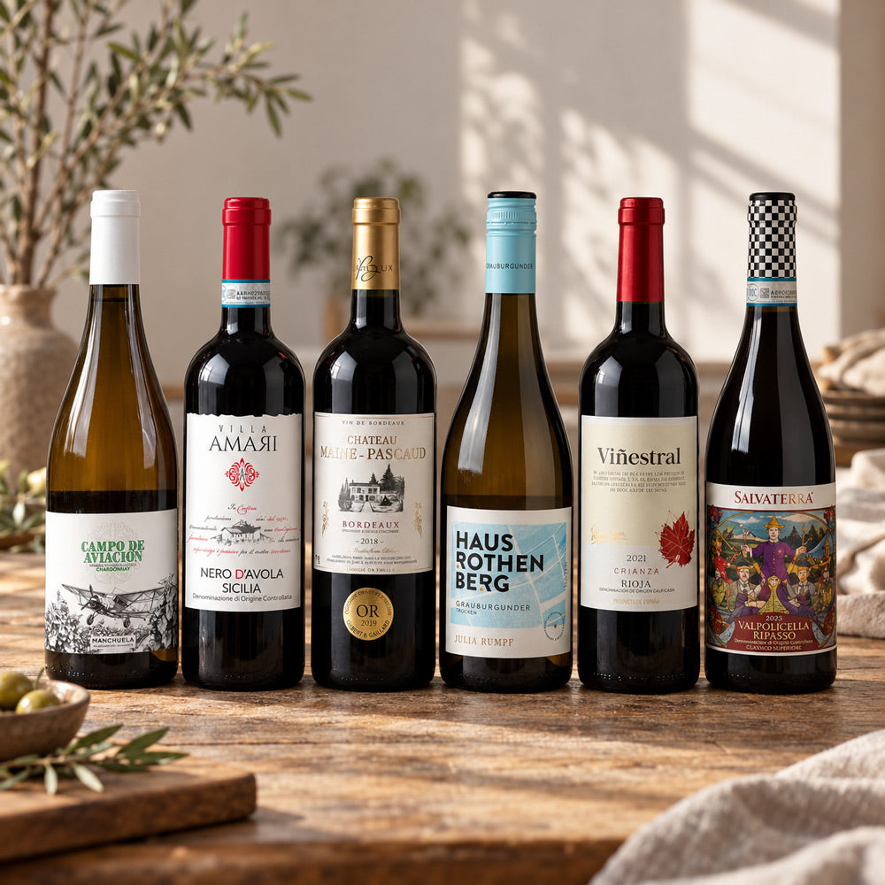 6 vine på et bord som kan købes i en vin smagekasse