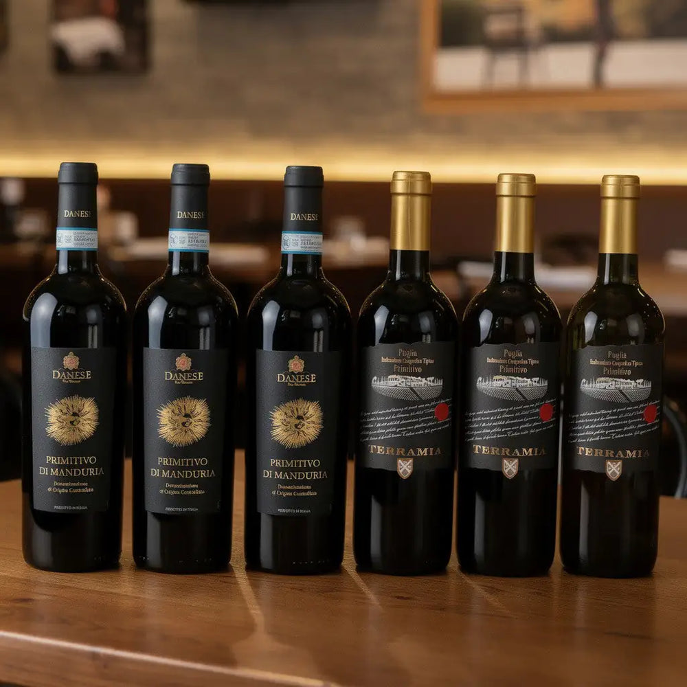 6 rødvin på et bord - Primitivo smagekasse