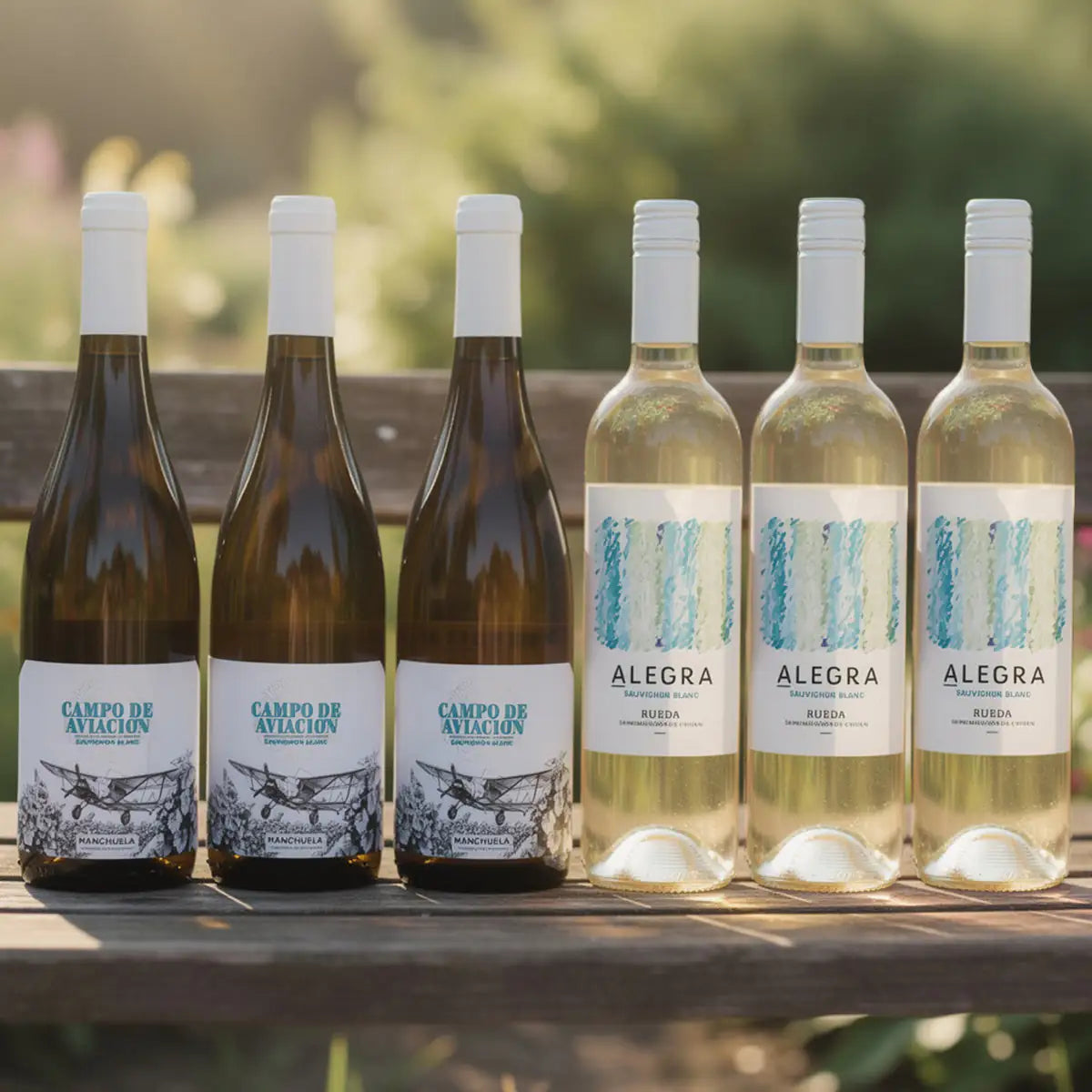 6 hvidvin på en bænk - Sauvignon Blanc hvidvinskasse