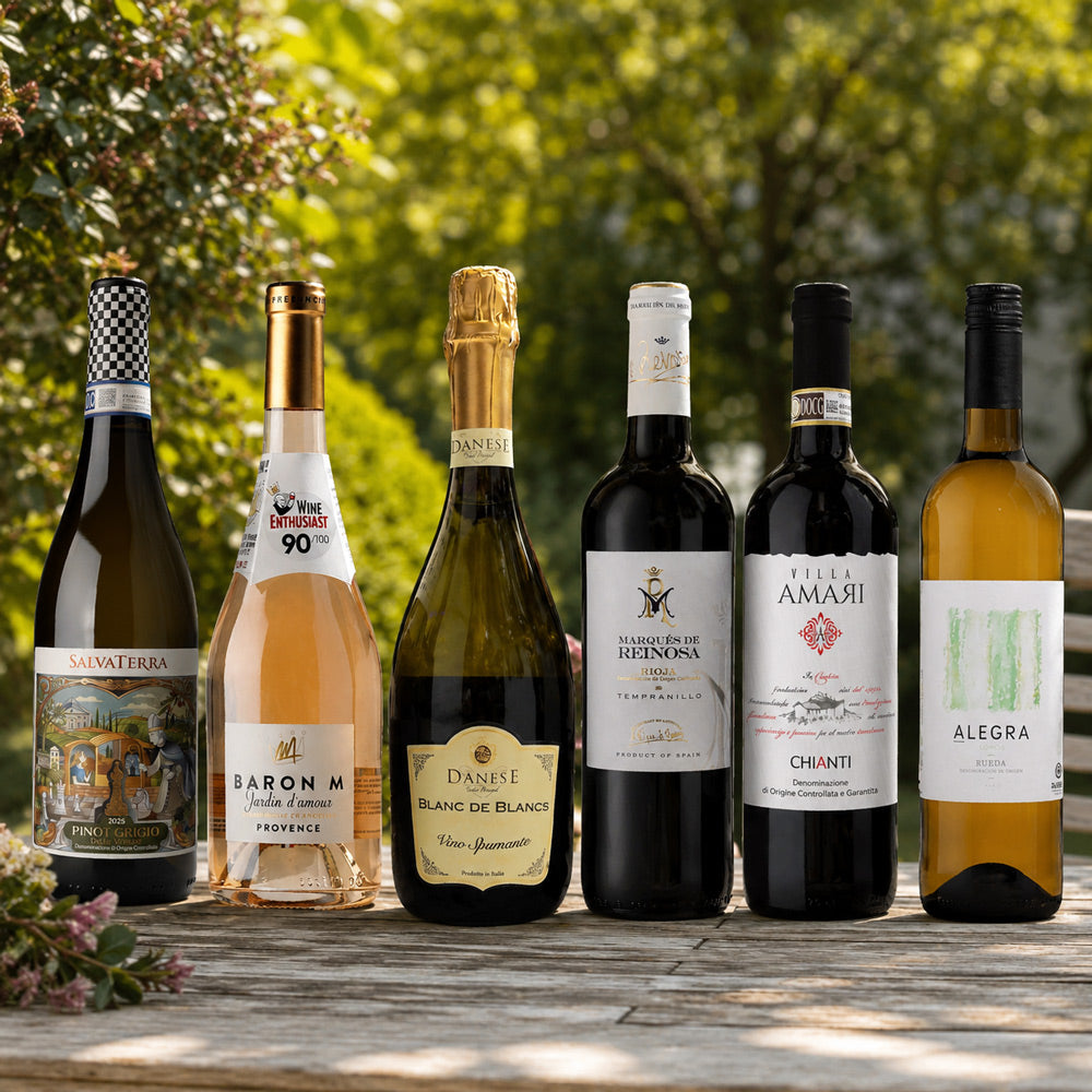 6 vin flasker på et bord - Septemberkassen fra vinnu