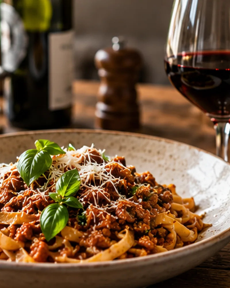 Pasta med ragù og glas rødvin