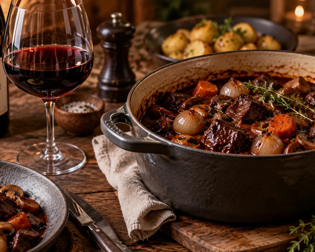 Boeuf bourguignon serveret med kartoffelmos og rødvin på rustikt bord