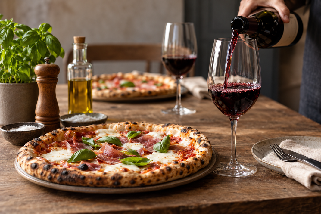 Rødvin hældes op ved siden af hjemmelavet pizza
